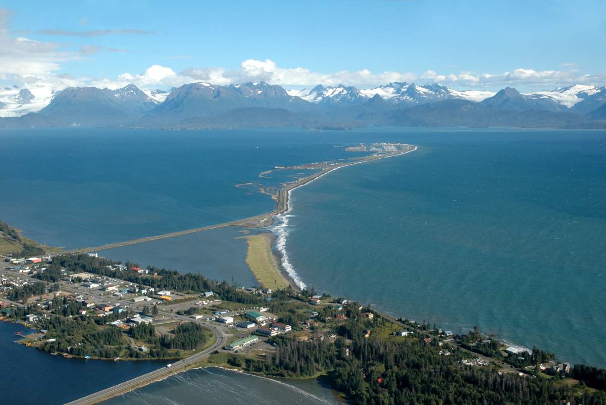 Aerial view of the Homer Spit near the town of Homer, Alaska.