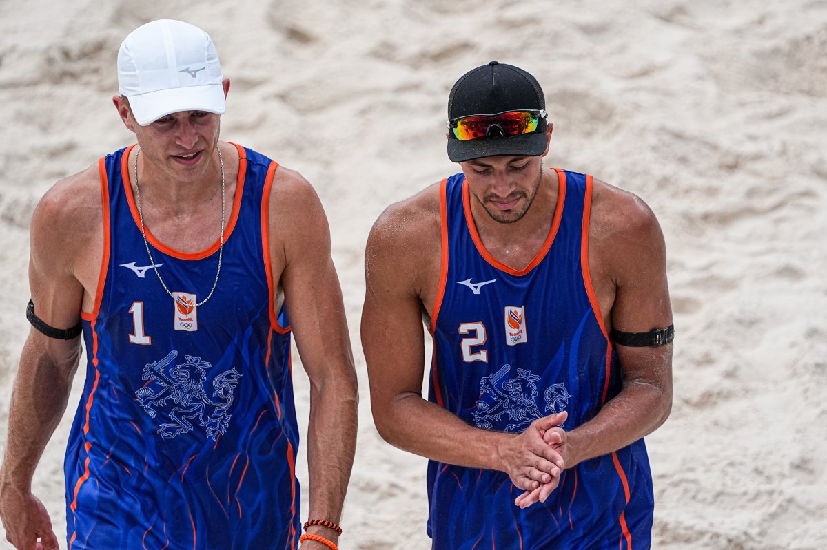 Steven van de Velde and Matthew Immers of the Netherlands competing in the Men's Preliminary Phase during Day 5 of Beach Volleyball at the Olympic Games in Paris at Eiffel Tower Stadium on July 31, 2024.