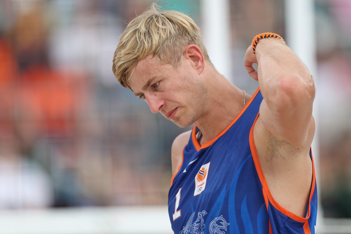 Steven van de Velde of Team Netherlands reacts during the Men's Preliminary Phase - Pool B match against Team Chile on day five of the Olympic Games Paris 2024 at on July 31, 2024 in Paris, France.
