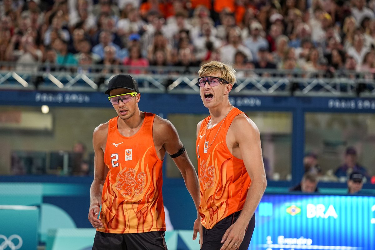 Matthew Immers of the Netherlands and Steven van de Velde of the Netherlands competing in the Men's Round of 16 during Day 9 of Beach Volleyball at the Olympic Games on August 4, 2024 in Paris, France.