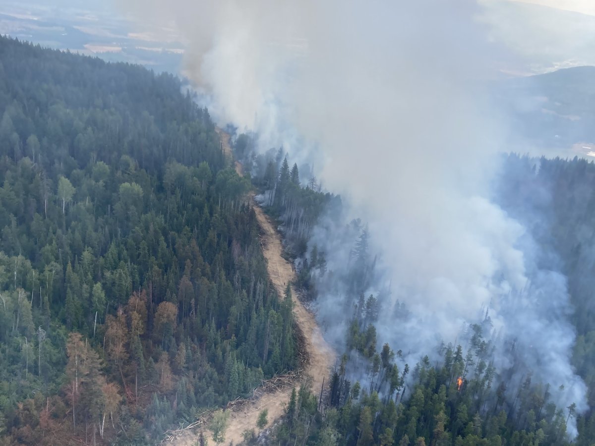 An aerial view on Aug. 10, 2024, of the Hullcar Mountain wildfire that’s burning near Armstrong, B.C.