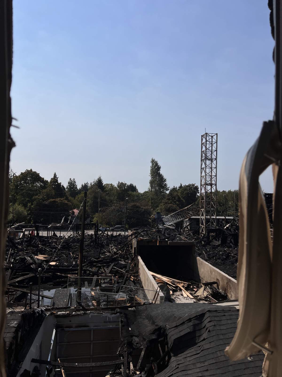 The remains of the fire that tore through a building under construction in Vancouver's Dunbar area on Tuesday night.
