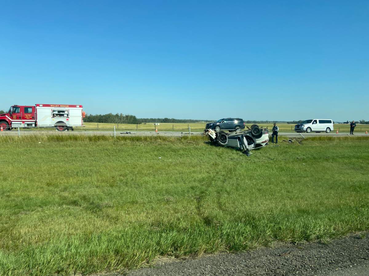 A fatal, four-vehicle collision on the QEII near Millet, Alta. on Friday, August 9, 2024.