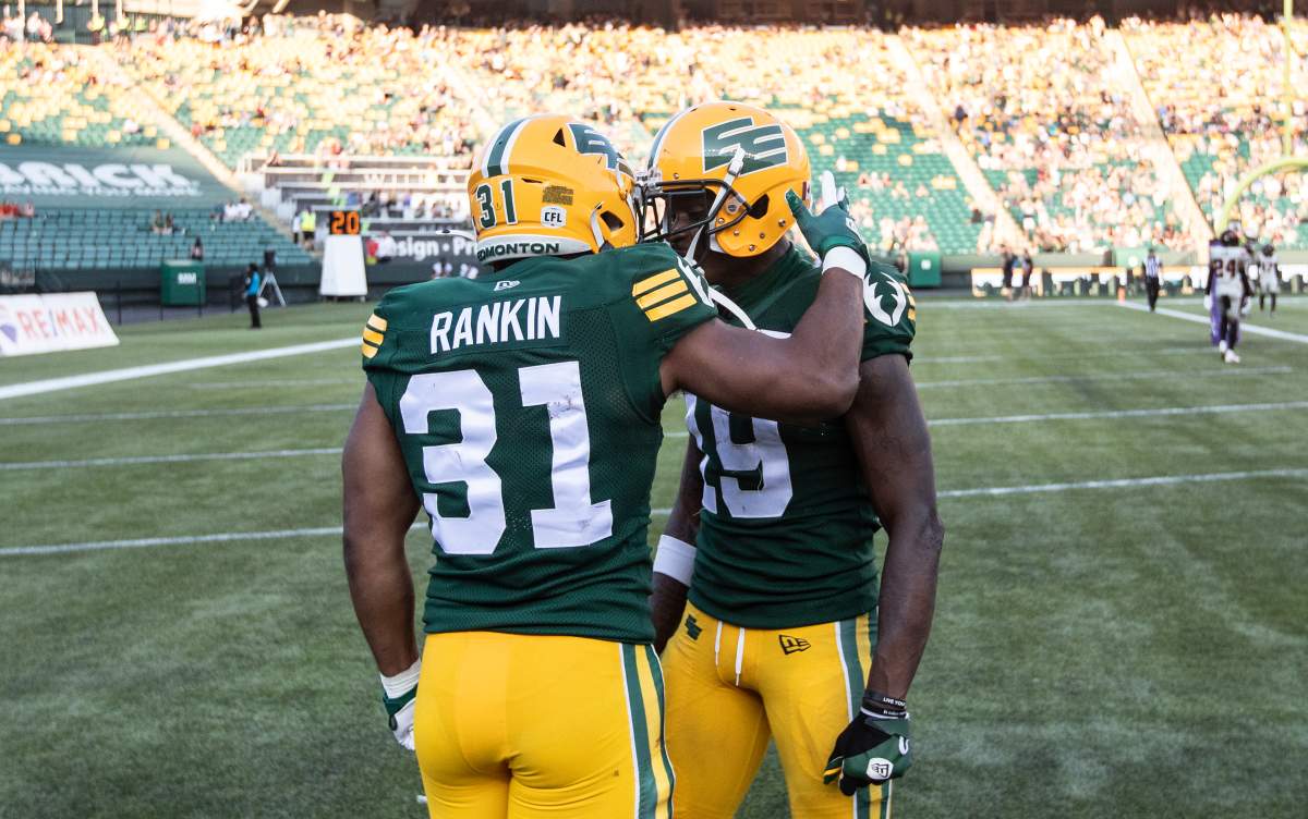 Elks running back Justin Rankin celebrates a touchdown against the B.C. Lions on Sunday, August 11, 2024.