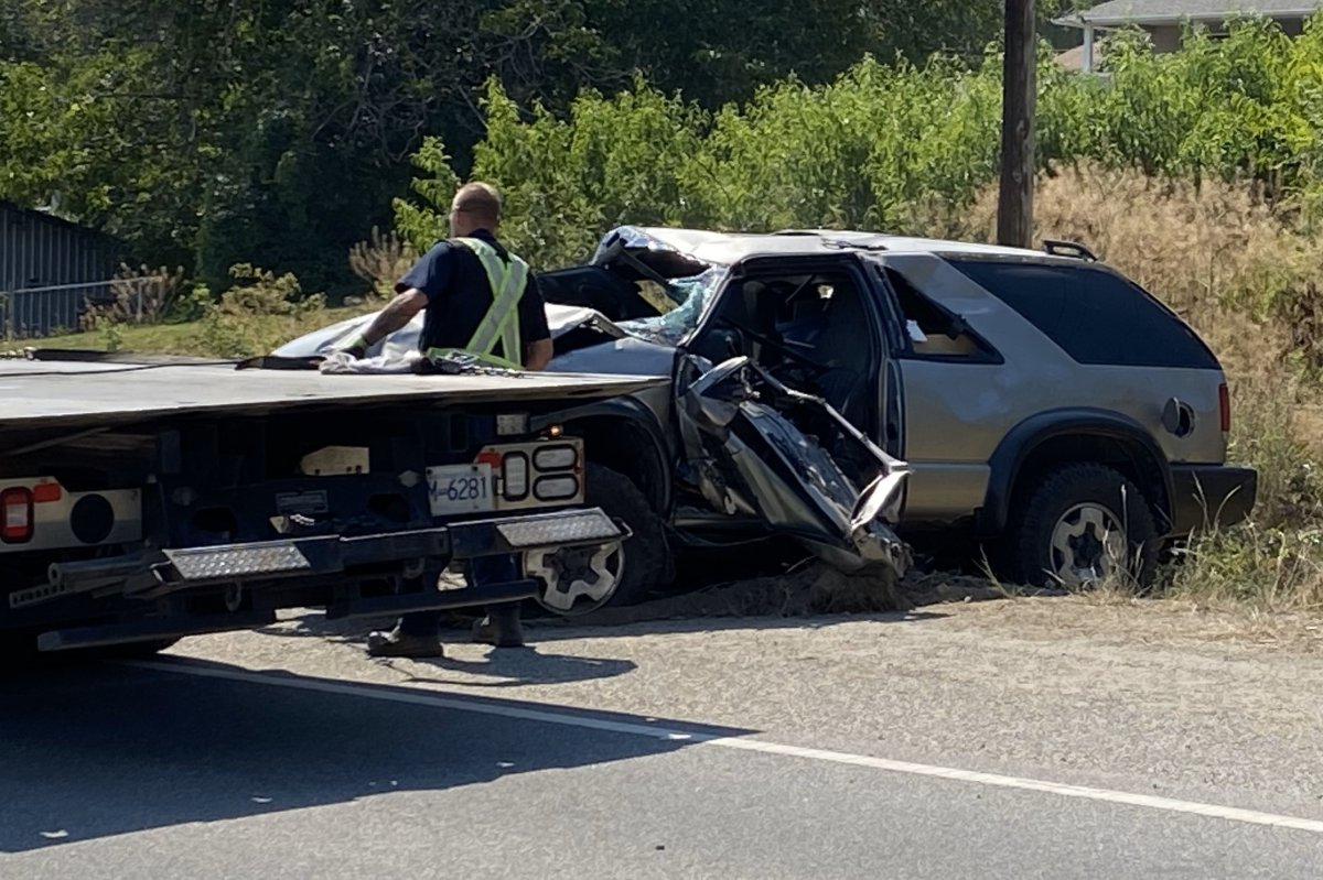 The SUV that crashed in Lake Country on Saturday morning.