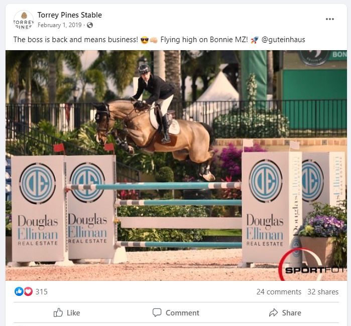 A Facebook photo from Torrey Pines Stables, Lamaze’s stables, posted Feb. 1, 2019, appears to show Lamaze riding a horse named Bonnie MZ