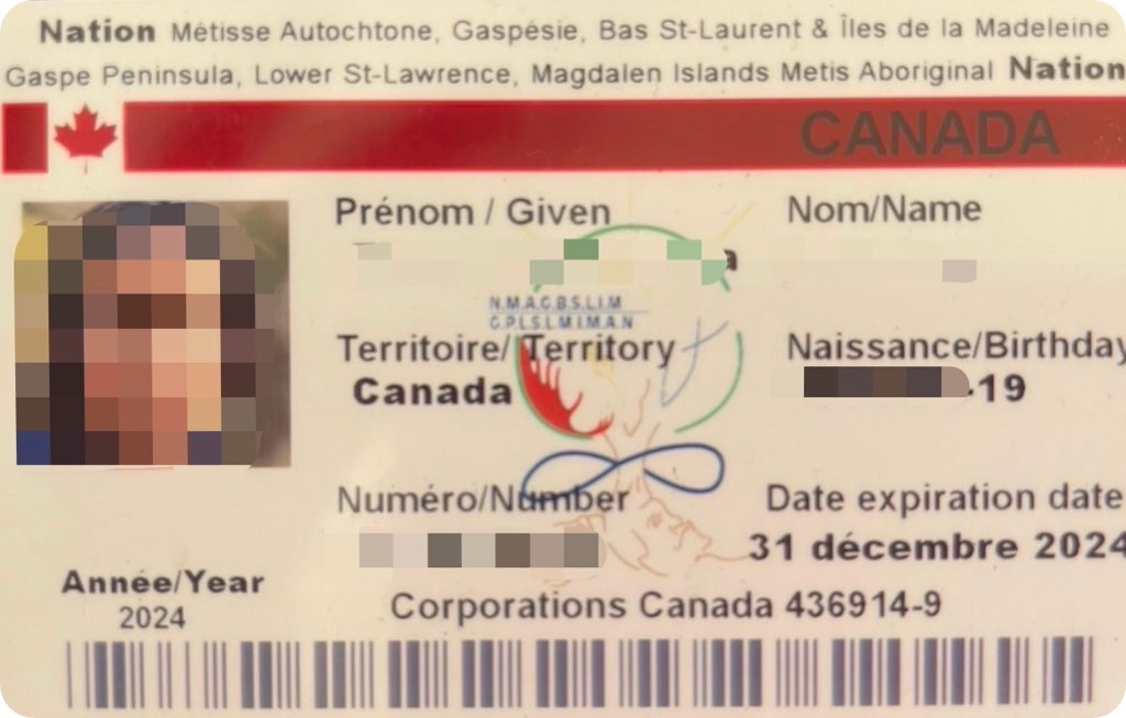 A card certifying that the holder is a member of the Métis Nation of the Rising Sun.