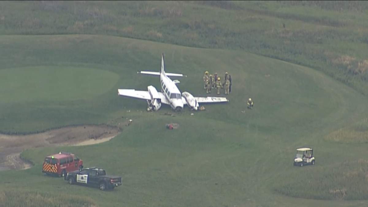A pilot walked away without injury after a small plane crashed at Calgary's Wingfield Golf Club Friday, Aug. 16, 2024.