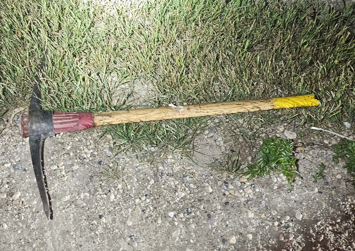 Manitoba RCMP say the suspect was arrested carrying this pickaxe.