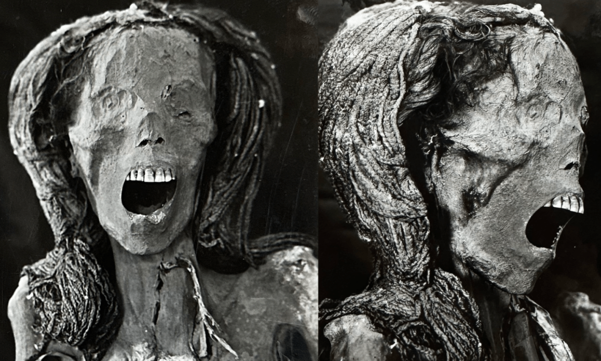 Black-and-white photos showing the front and side profile of the "Screaming Woman" mummy.