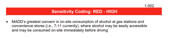 Auszug aus einem Informationsdokument der Regierung, in dem MADD seine Bedenken hinsichtlich des Alkoholkonsums in Geschäften zum Ausdruck brachte.