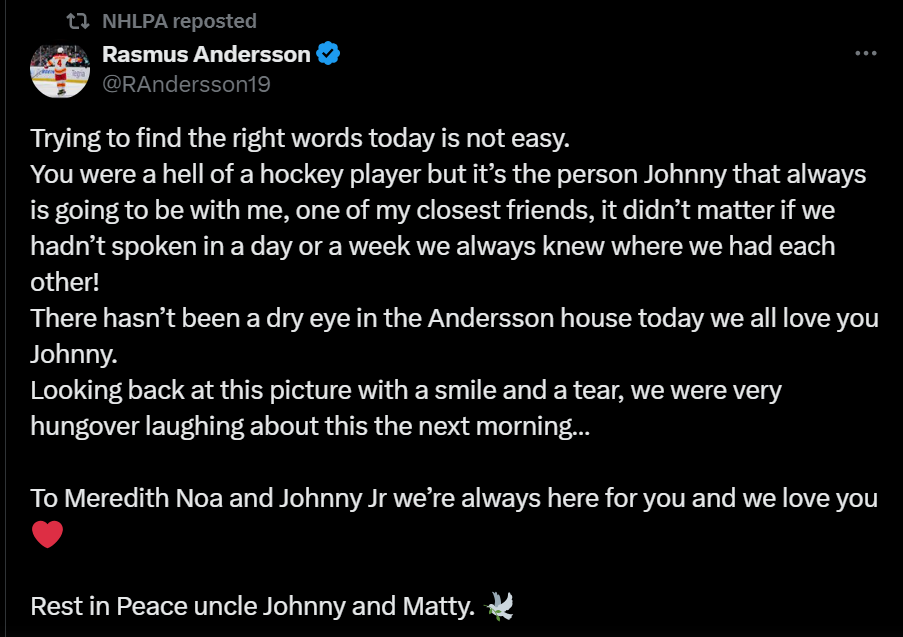 Flames player Rasmus Andersson put out a statement on social media mourning Gaudreau.