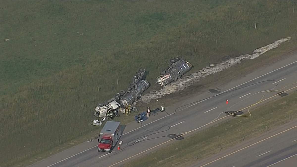 One person is dead after a crash involving a semi on Highway 2 northwest of Nanton, Alta., Wednesday, Aug. 14, 2024.