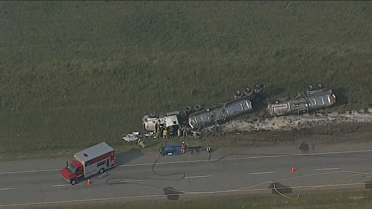 One person is dead after a crash involving a semi on Highway 2 northwest of Nanton, Alta., Wednesday, Aug. 14, 2024.