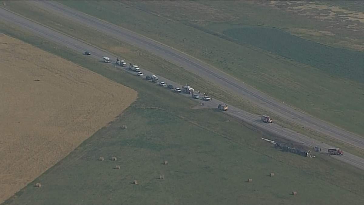 One person is dead after a crash involving a semi on Highway 2 northwest of Nanton, Alta., Wednesday, Aug. 14, 2024.