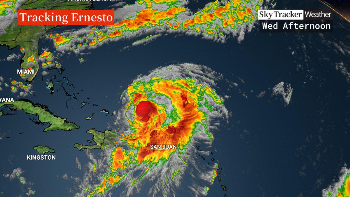 An enhanced satellite image of Ernesto as of Aug. 14, 2024.