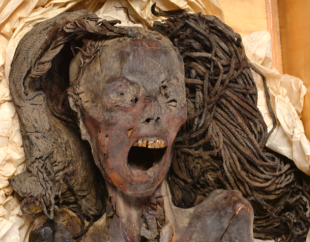 The "Screaming Woman" mummy is pictured with black, leather-like skin and her mouth agape, as if she were shrieking.