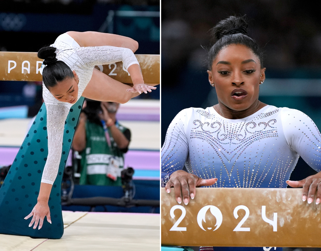 Sunisa Lee (L) falls from the balance beam and Simone Biles (R) pauses for a moment on the floor after falling from the beam during the women's individual finals on August 5, 2024 at the Paris Olympic Games.