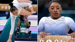 Sunisa Lee (L) falls from the balance beam and Simone Biles (R) pauses for a moment on the floor after falling from the beam during the women's individual finals on August 5, 2024 at the Paris Olympic Games.