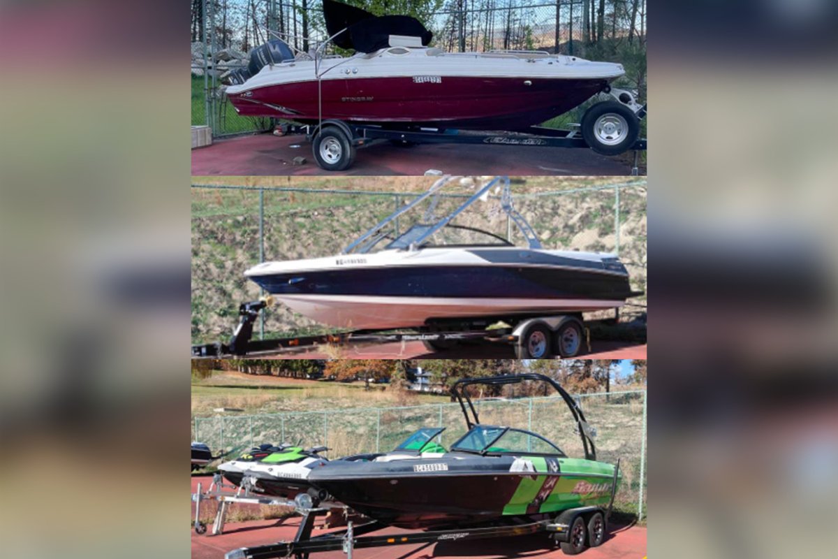 A montage showing the three boats that were stolen from a resort along Okanagan Lake.