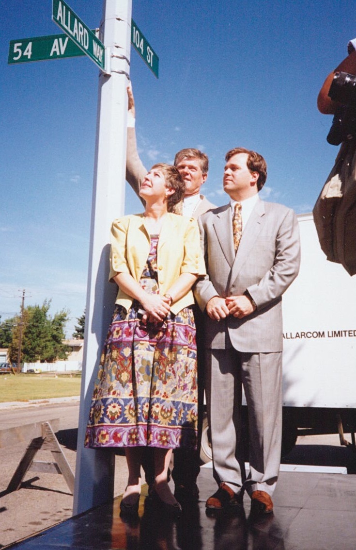 Cathy Roozen and Cam and Tony Allard were present to unveil the street sign, Allard Way, named in honour of their father Dr. Charles Allard, the creator of ITV.
