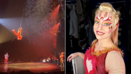 A split image. On the left, Mariia Konfektova falls from an aerial hoop. On the right, Mariia Konfektova smiled in a selfie.