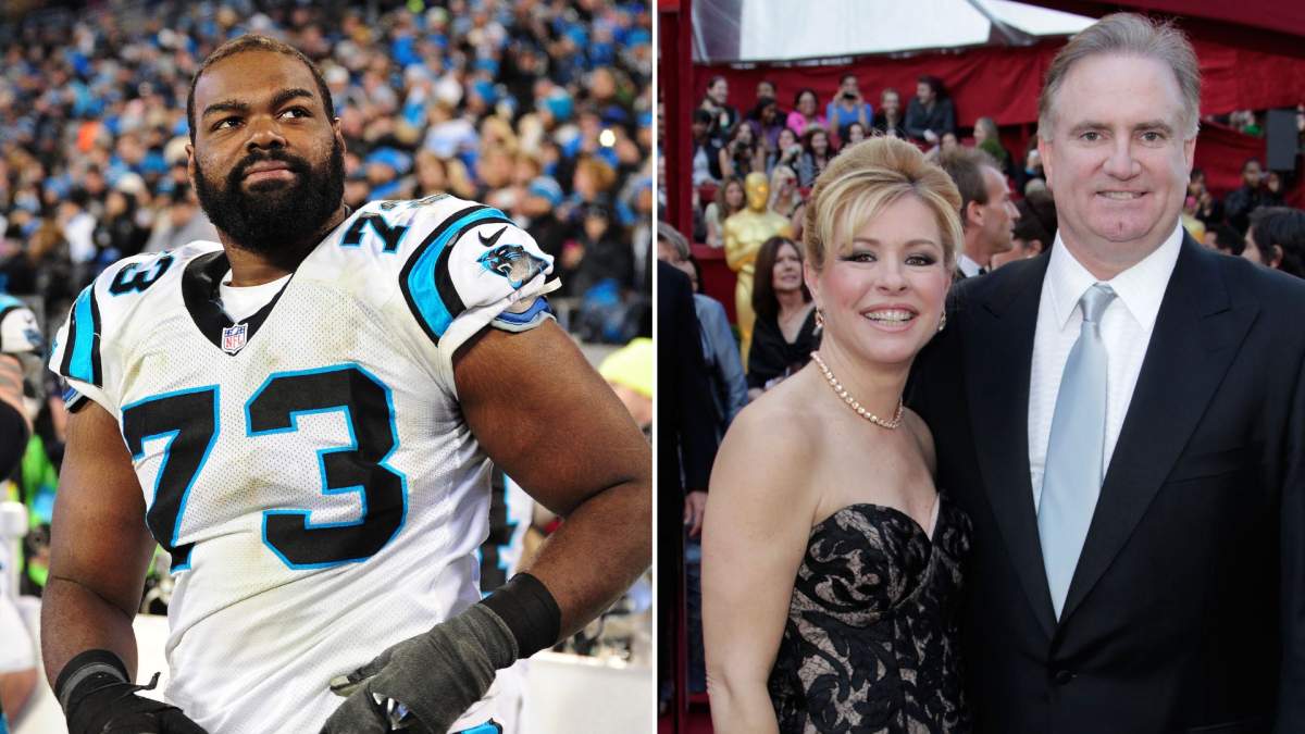 A split image. On the left is Michael Oher on a football field. On the right is Sean and Leigh Anne Tuohy.