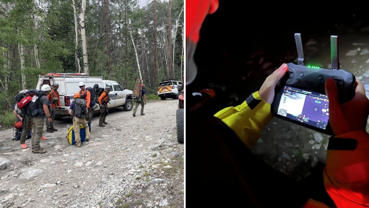 A split image. On the left, rescuers stand on a gravel path beside a search and rescue vehicle. On the right, someone holds an electronic drone control device.