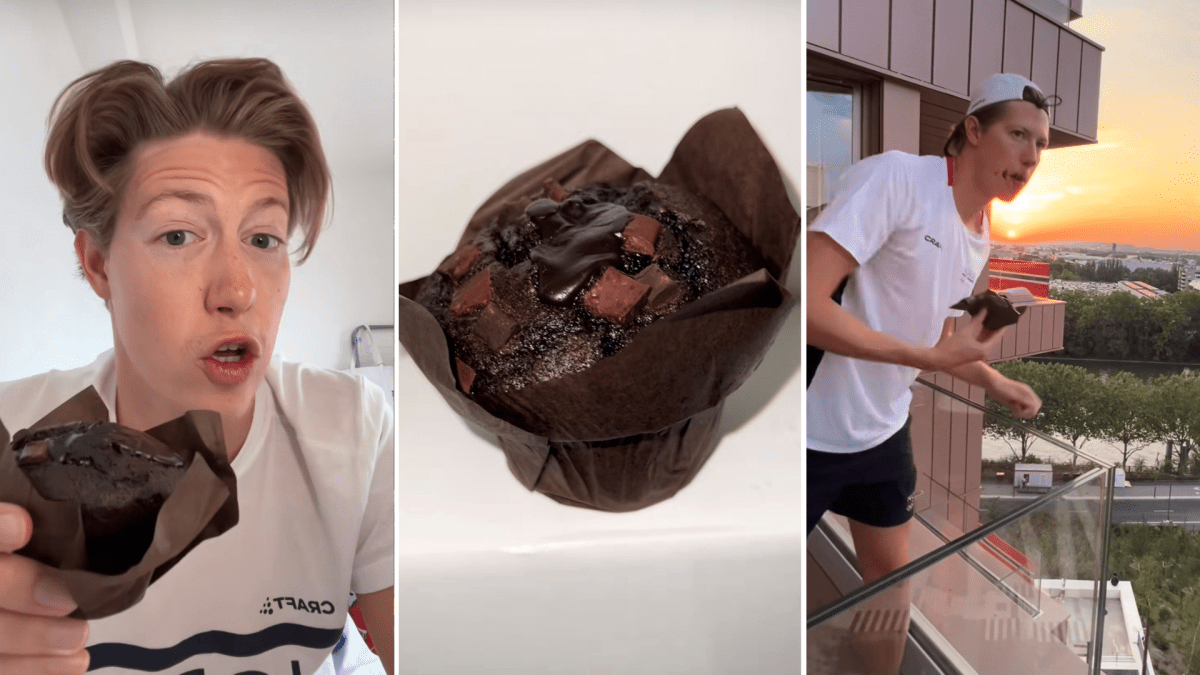 A tri-split image. On the left and right sides, Henrik Christiansen holds a muffin. In the middle is a muffin.