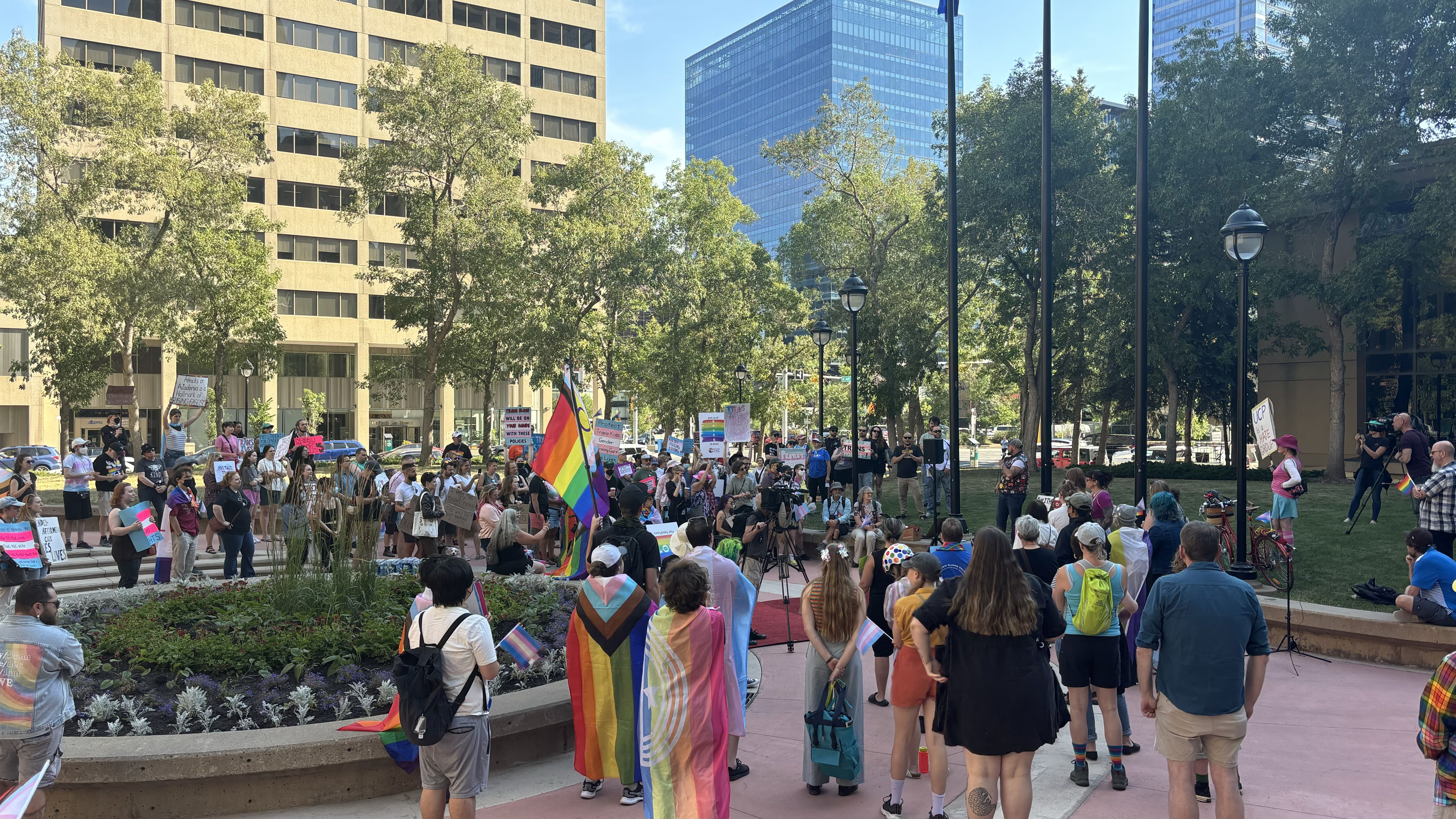 Rally against Alberta UCP’s proposed trans policies held outside Calgary’s McDougall Centre