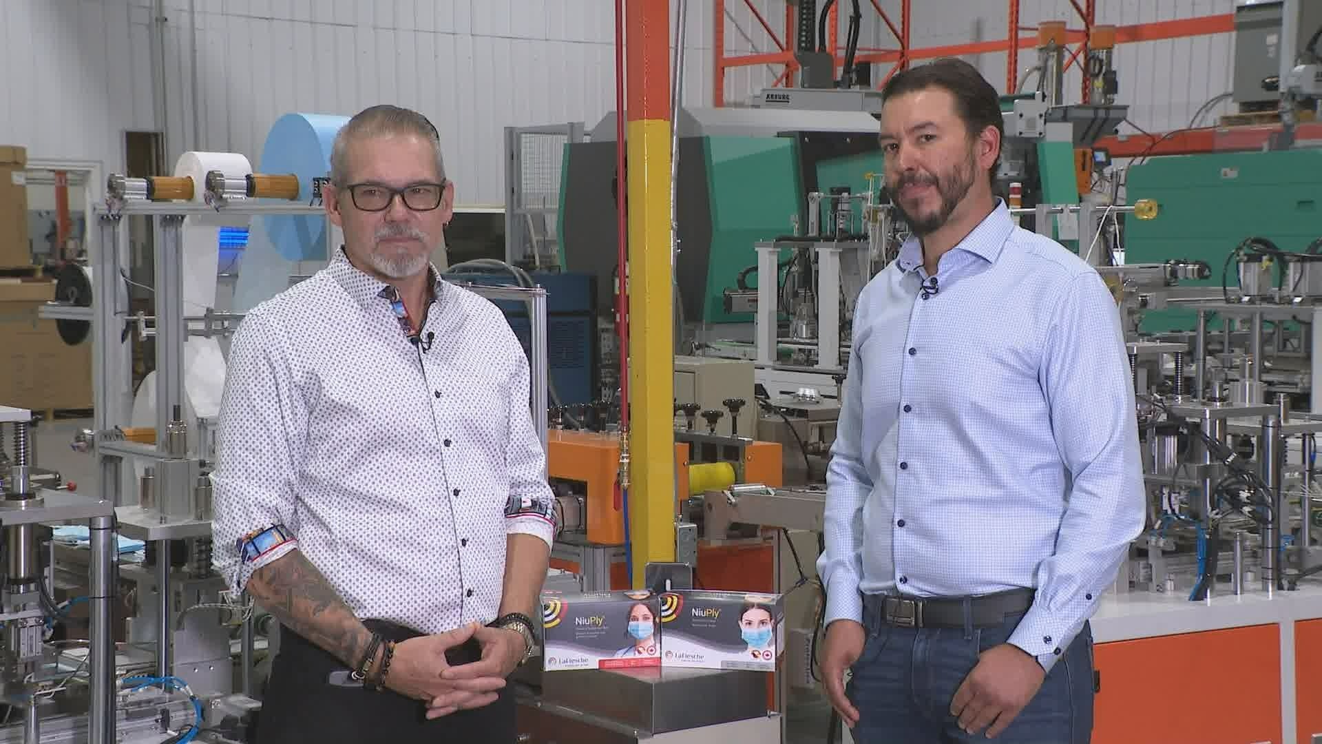 Thawennontie Thomas (left) and Leo Hurtubise, president and vice president at LaFlesche Inc., a plastics manufacturing company based on Kahnawake Mohawk Territory near Montreal.