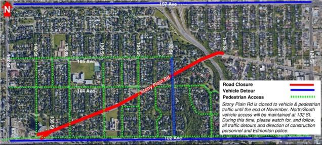 Stony Plain Road closure, detours and pedestrian access.