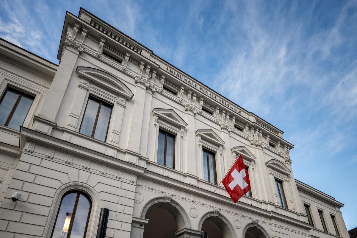 This photograph taken on April 2, 2024, shows the facade of Swiss Federal Criminal Court with a Swiss flag.