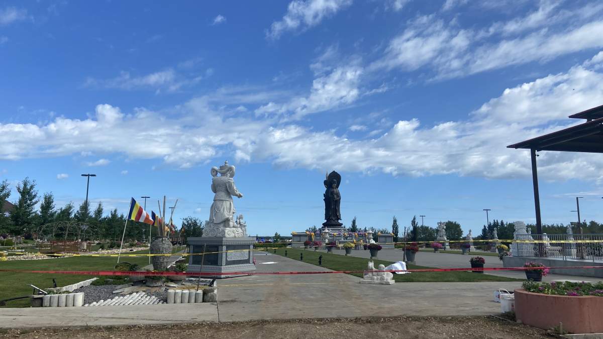The Westlock Meditation Centre on Thursday, Aug. 1, 2024, one day after a person was killed when a tent collapsed during high winds.