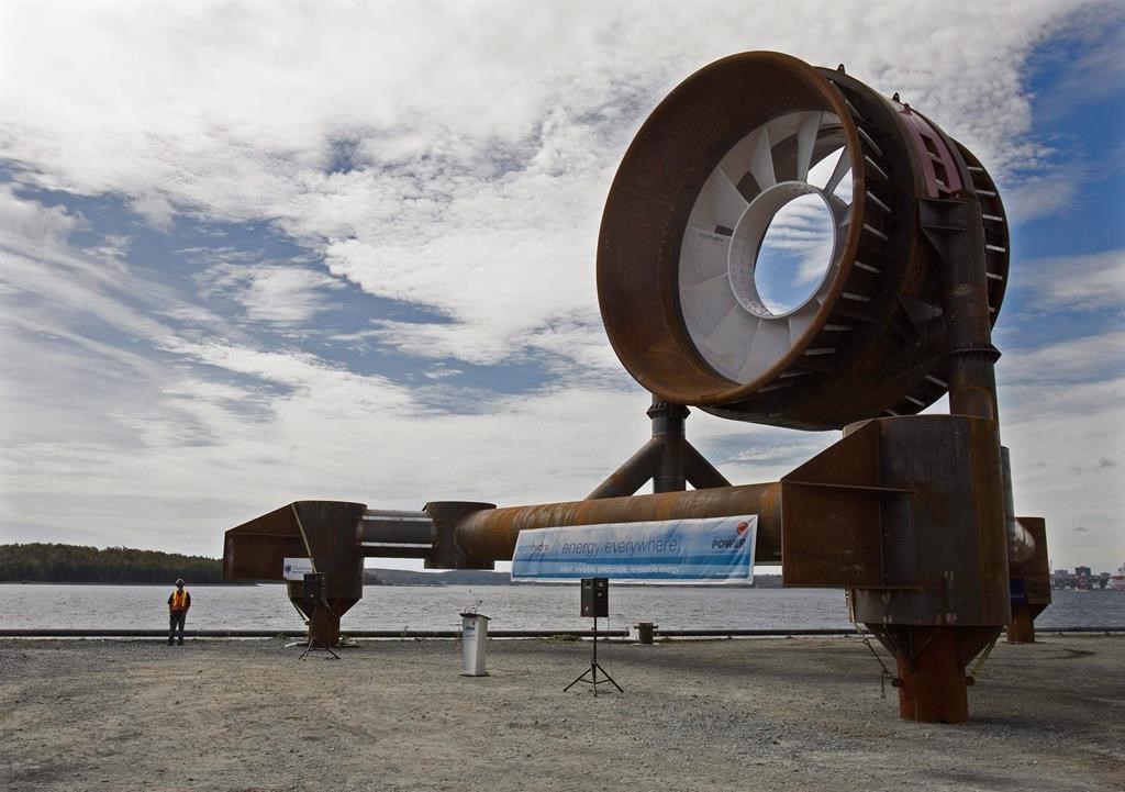 A large tidal power turbine built for Nova Scotia Power is shown in Dartmouth, N.S. on Wednesday, Sept. 23, 2009. The company Occurrent, which developed a separate test project, has recently become the latest in a series of failed efforts to harness the Bay of Fundy's tides. THE CANADIAN PRESS/Andrew Vaughan.