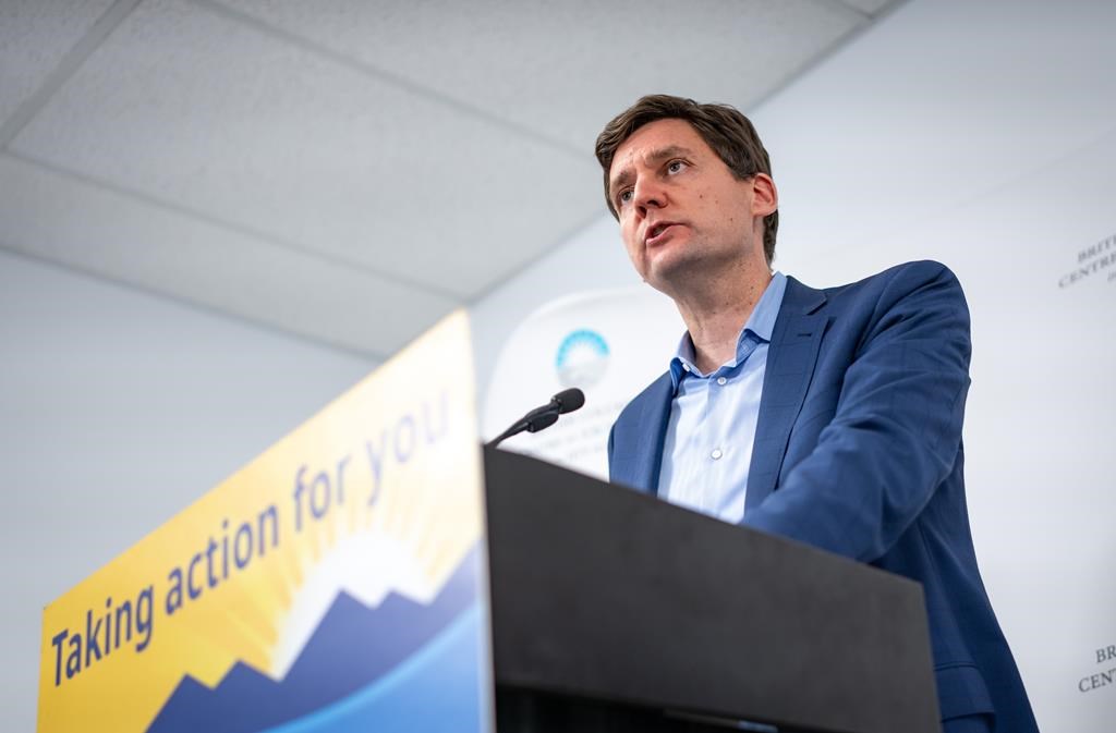 B.C Premier David Eby speaks during a news conference about improving access to mental-health and addiction care for people in the Downtown Eastside in Vancouver, on Friday, May 31, 2024.