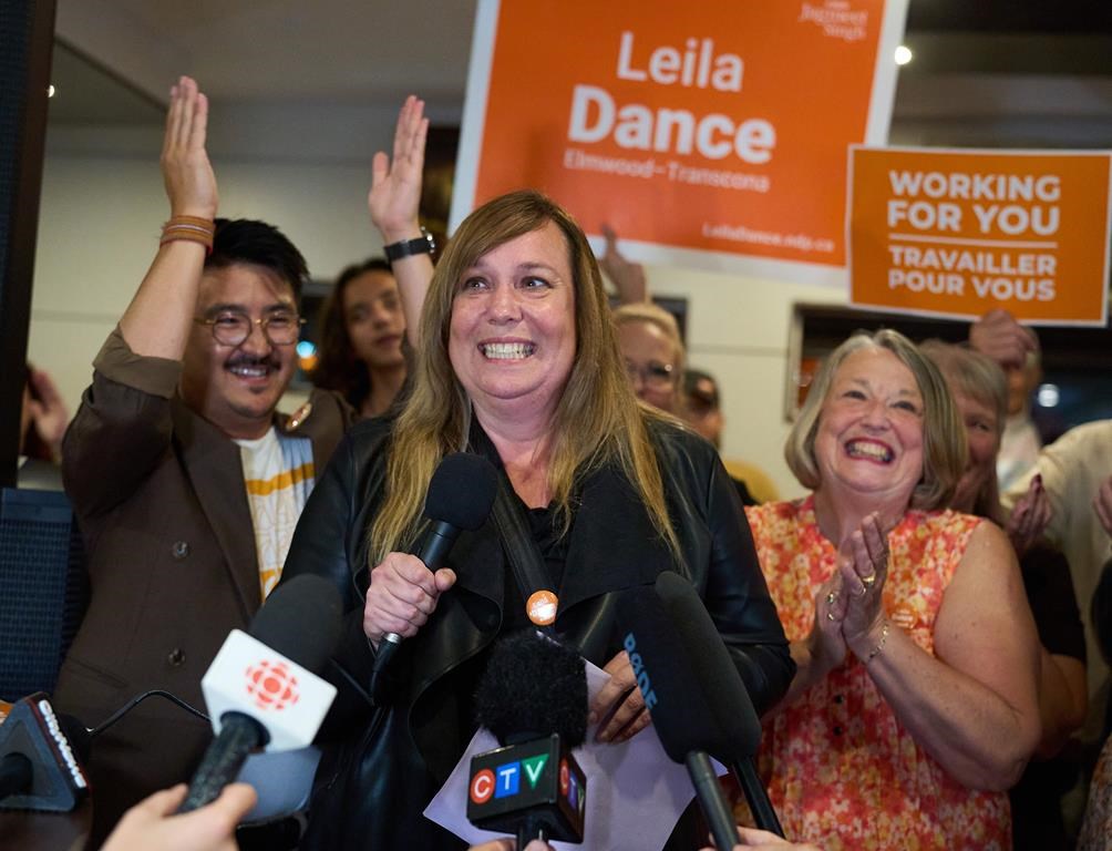 NDP candidate Leila Dance celebrates as she is elected a member of Parliament representing Winnipeg’s Elmwood-Transcona riding at the NDP headquarters in Winnipeg, Man., Monday, September 16, 2024. 