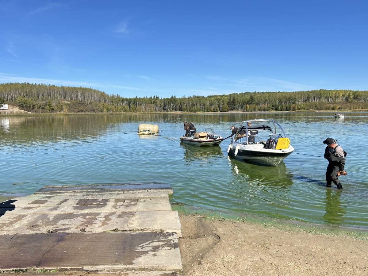 A car submerged in Alberta's Floatingstone Lake removed Tuesday, Sept. 17, 2024.