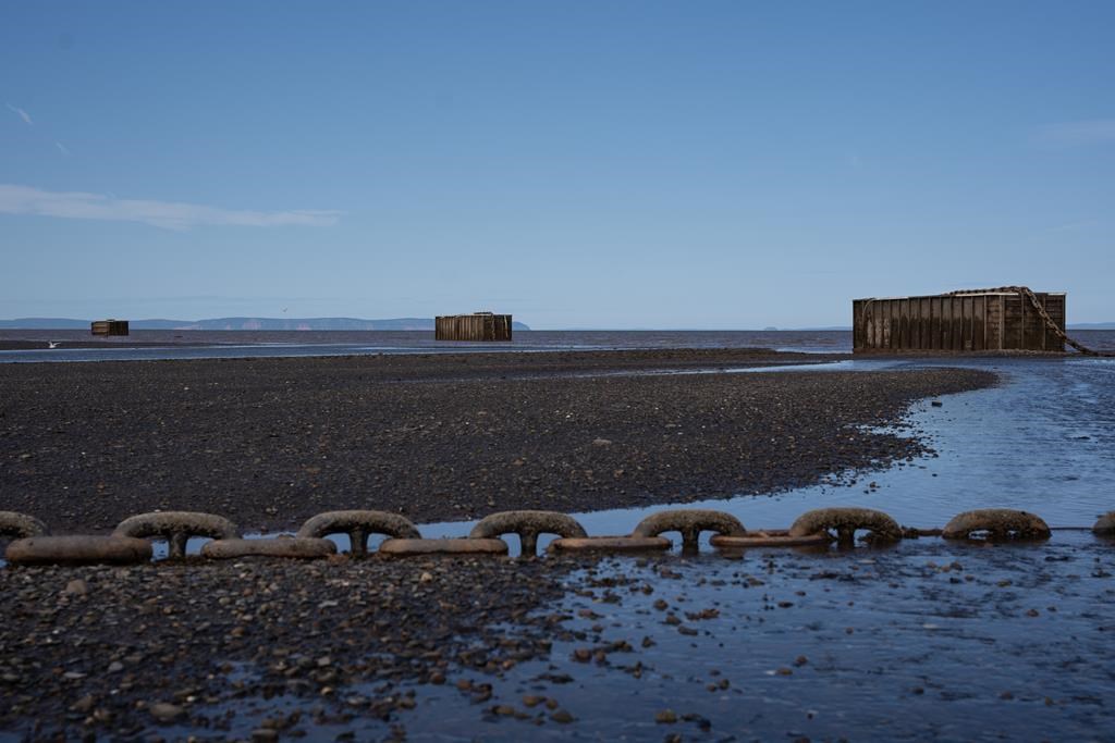 Three of four shipping containers chained to the ocean floor are seen at low tide in the Bay of Fundy off the coast of Walton, N.S., on Tuesday, Sept.10, 2024. Transport Canada has issued an order to a bankrupt tidal power company and the bankruptcy trustee to put up buoys to mark four containers abandoned in the entrance of the harbour in Walton, N.S. THE CANADIAN PRESS/Darren Calabrese.