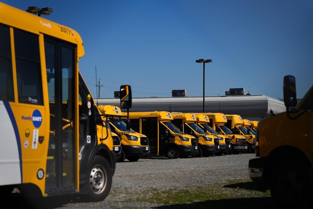 HandyDART transit system vehicles are seen parked at a yard in Surrey, B.C., on Thursday, September 5, 2024. THE CANADIAN PRESS/Darryl Dyck.