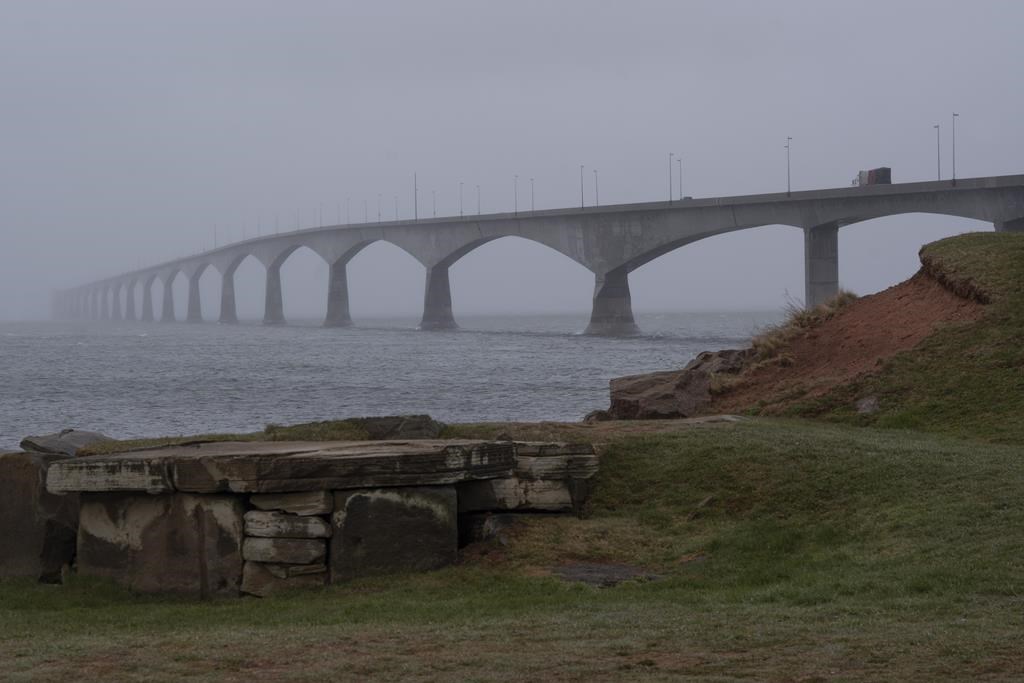 Traffic travels on the Confederation Bridge across the Abegweit Passage of the Northumberland Strait in Borden-Carleton, P.E.I., Friday, May 3, 2024. THE CANADIAN PRESS/Darren Calabrese.