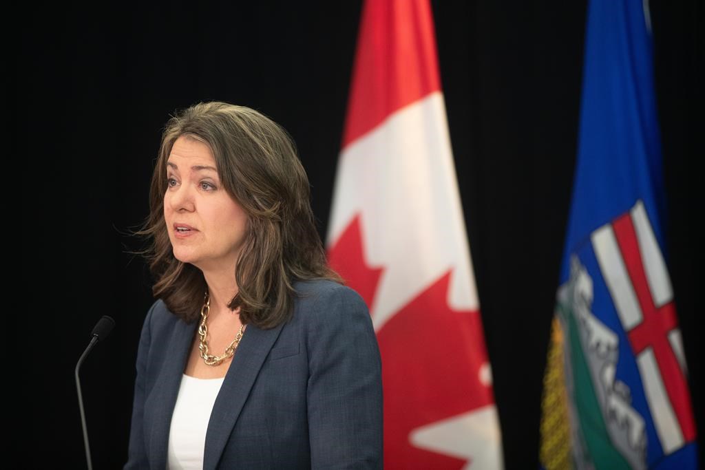 Alberta Premier Danielle Smith speaks during a press conference in Edmonton on Wednesday, April 10, 2024. Alberta has given the federal government a deadline to change its Impact Assessment Act or face a legal challenge. THE CANADIAN PRESS/Jason Franson.