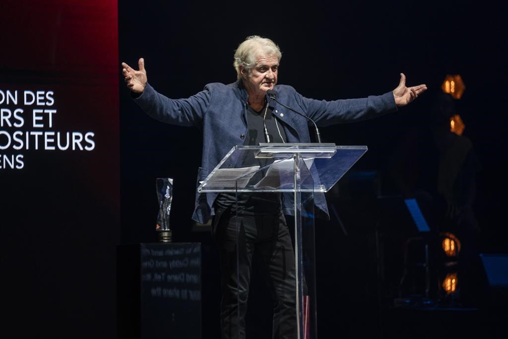 Tom Cochrane gives an award speech at the Canadian Songwriters Hall of Fame Induction Ceremony at Massey Hall in Toronto, on Saturday, September 28, 2024.