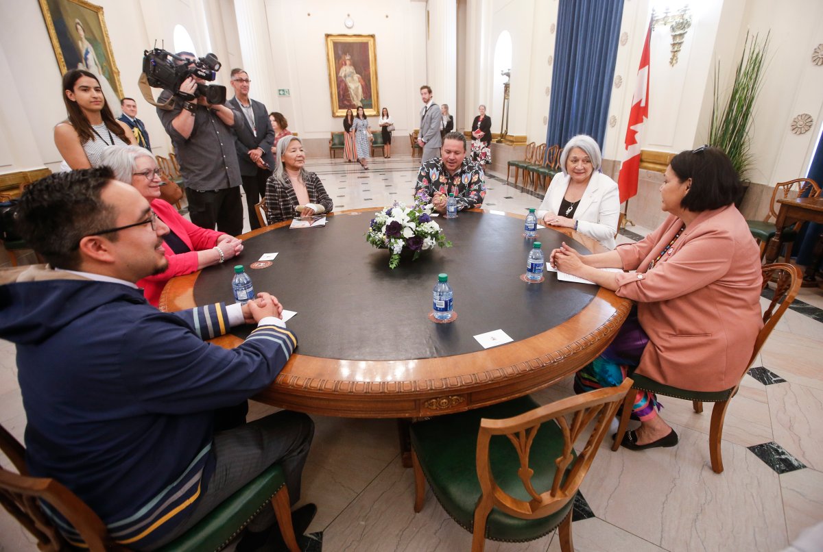 Governor General Mary Simon meets, from left, Nastania Mullin, MIA chief executive officer, Indigenous Reconciliation and Northern Relations Minister Eileen Clarke, MKO Chief Betsy Kennedy, Southern Chiefs Organisation Grand Chief Jerry Daniels, and former Assembly of Manitoba Chiefs Grand Chief Cathy Merrick at the Manitoba Legislature in Winnipeg, Wednesday, June 7, 2023.