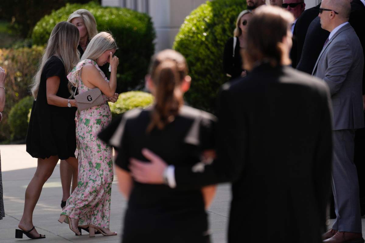Widow Madeline Gaudreau arrives at the funeral for her husband Matthew Gaudreau and his brother John Gaudreau at St. Mary Magdalen Catholic Church in Media, Pa., Monday, Sept. 9, 2024.