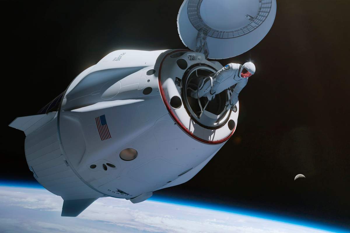 This illustration provided by SpaceX in 2024 depicts a spacewalk from the Dragon capsule.