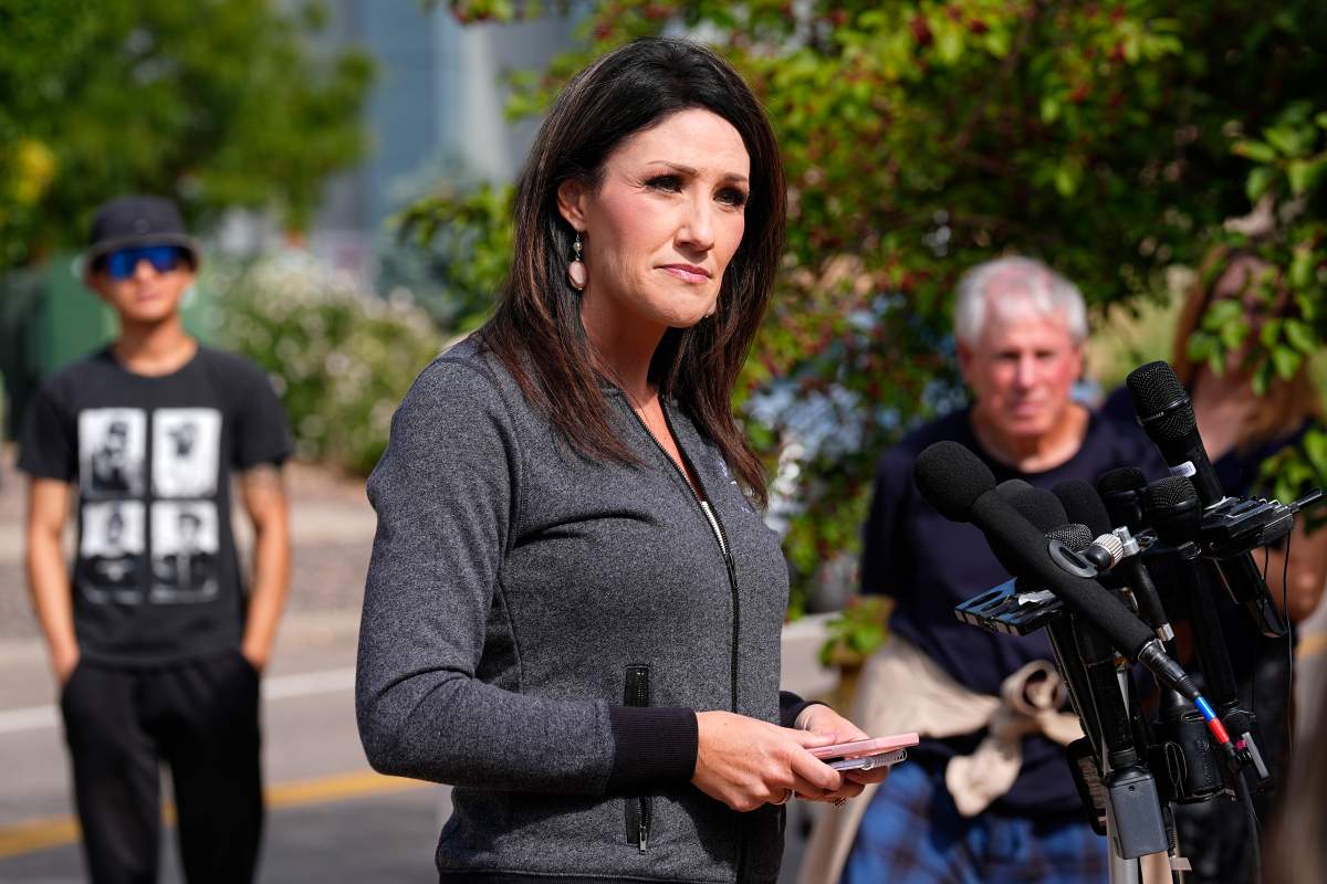Rachel Haslett, spokesperson for the Broomfield, Colo., Police Department, responds to questions during a news conference following a shooting at an apartment complex Thursday morning, Sept. 12, 2024, in Broomfield, Colo., a suburb of Denver. (AP Photo/David Zalubowski)