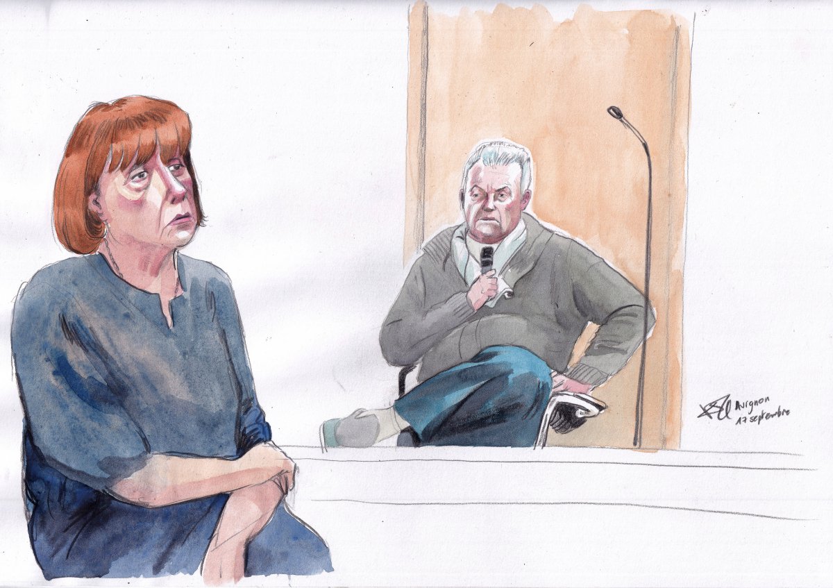 This courtroom sketch by Valentin Pasquier shows Gisèle Pelicot, left, and her ex-husband Dominique Pelicot, right, during his trial, at the Avignon court house, in Avignon, southern France, Tuesday, Sept. 17, 2024.