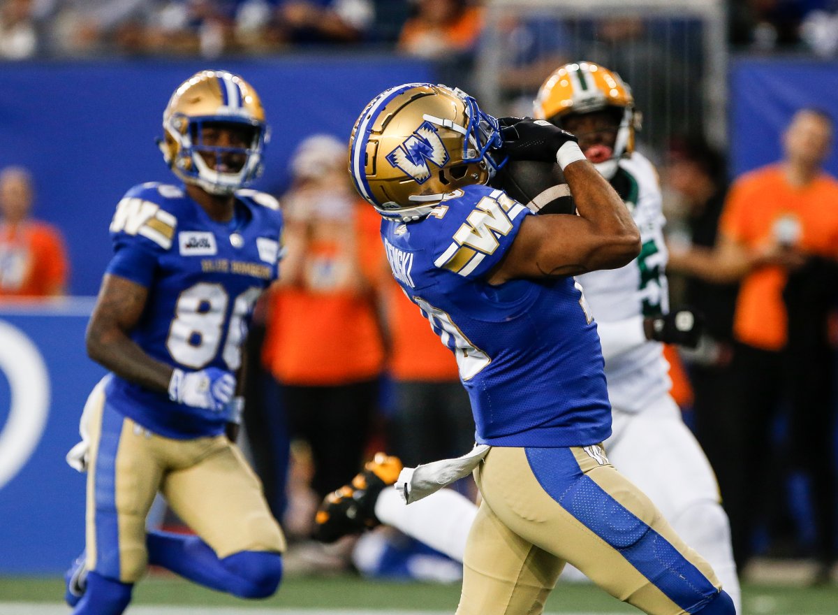 Winnipeg Blue Bombers Nic Demski catches a touchdown pass during first half CFL action against the Edmonton Elks in Winnipeg Friday, September 27, 2024. THE CANADIAN PRESS/John Woods.