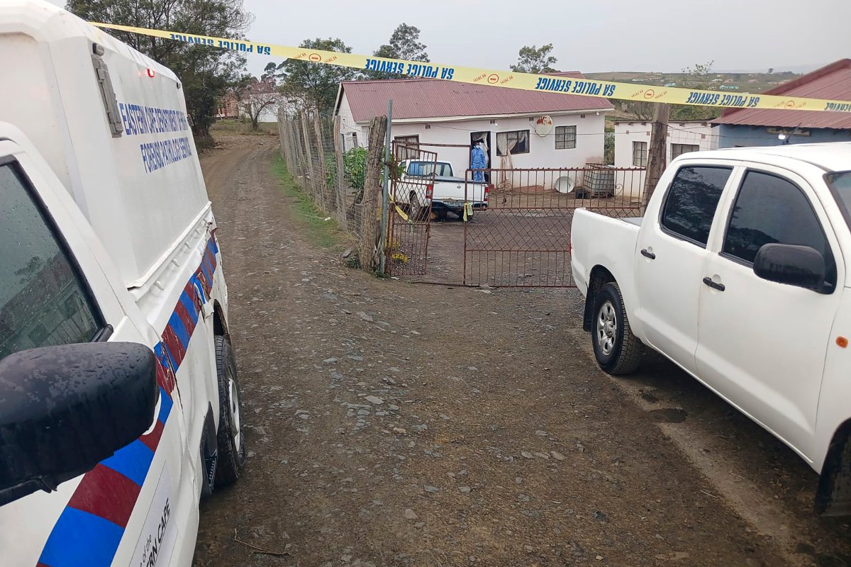 This photo supplied by the South Africa Police Services (SAPS) shows the scene where seventeen people were killed in two mass shootings that took place in close proximity to each other Friday night in Lusikisiki, South Africa, police said Saturday, Sept. 28, 2024.